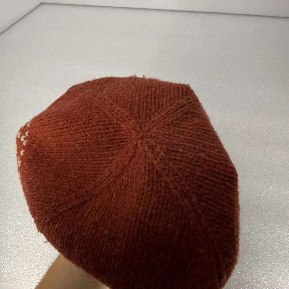 J Crew Beanie Classic Woolens Orange Lambswool Blend Fair Isle Snowflake Pattern